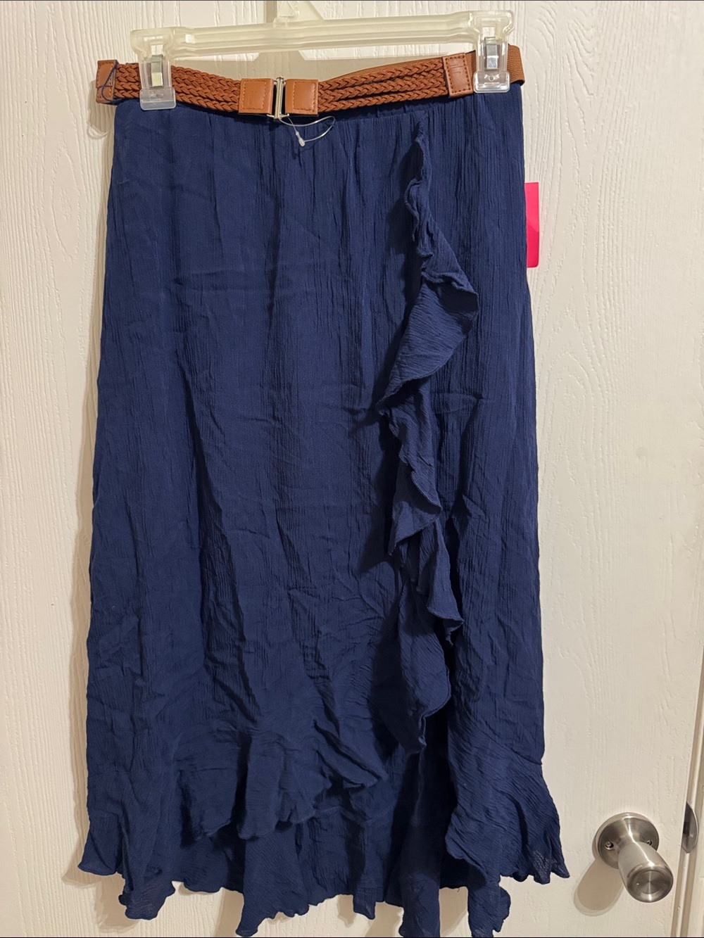 Amy Byer Ruffle‎ Front Maxi Skirt Girls Large 14 NWT Navy Blue Braided Tan Belt